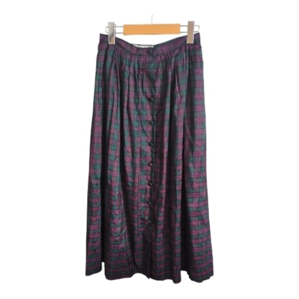Austin Reed Vintage 100% Silk Lantern Style Midi Skirt Purple/Green Plaid Size 6